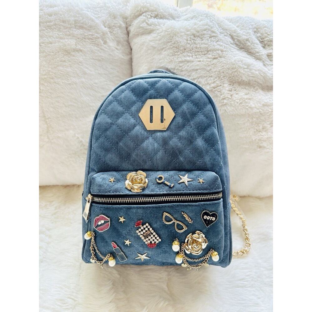 NWT ALDO Denim Blue OOTD Backpack Charms Pins Rhinestones Pearls Chain Strap Y2K